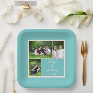 Custom Photo Teal Blue and White Wedding Paper Plate