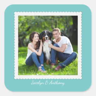 Custom Photo Teal Blue and White Wedding Square Sticker
