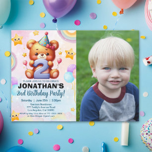 “Custom Photo Teddy Bear 2nd Birthday   Watercolor Invitation