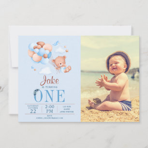 Custom Photo Teddy Bear And Balloon Birthday Invitation