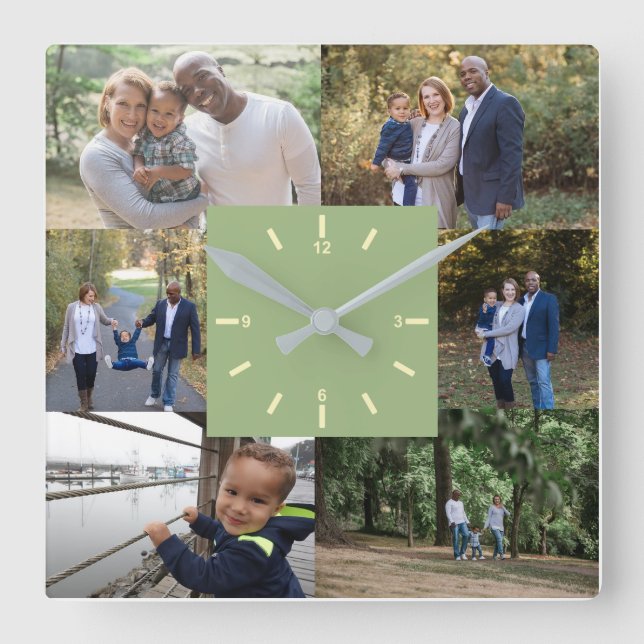 Custom Photo Template 6 Photos Family Light Green  Square Wall Clock (Front)