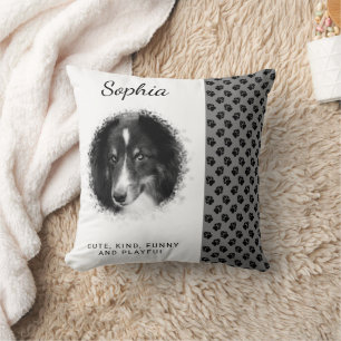 Custom Photo Template & Black Paws On Grey & Text Throw Pillow