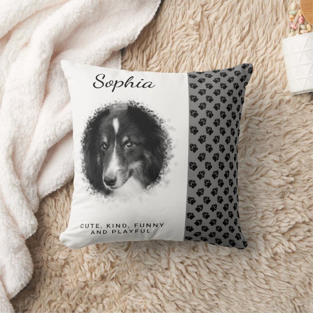 Custom Photo Template & Black Paws On Grey & Text Throw Pillow (Blanket)