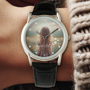 Custom Photo Template Name 3 Hearts Cute Simple Watch