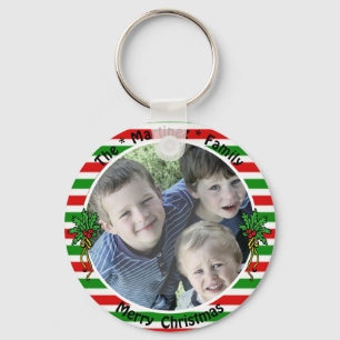 Custom Photo Template Red Green Stripes Mistletoe Keychain