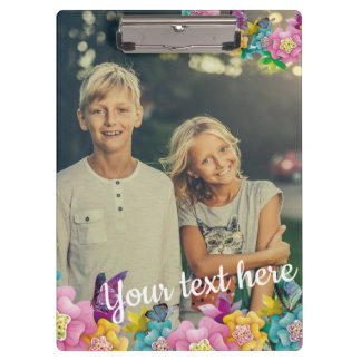 Custom Photo Text Animated Flowers and Butterflies Clipboard