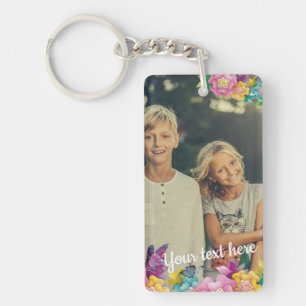 Custom Photo Text Animated Flowers and Butterflies Keychain