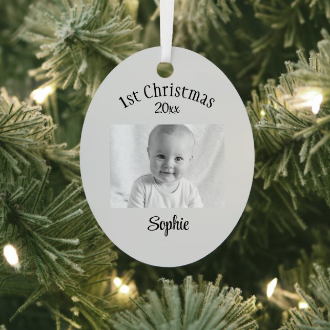 Custom Photo & Text Baby 1st Christmas Oval  Metal Ornament (Insitu)
