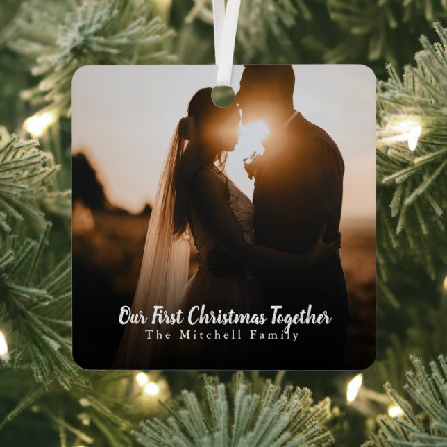 Custom Photo Text Couples First Christmas Together Metal Ornament (Insitu)