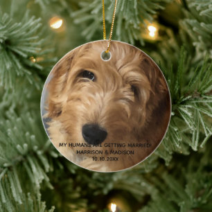 Custom photo text engagement announcement favours ceramic ornament