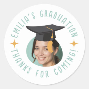 Custom Photo Text Graduation Hat Thank You Party Classic Round Sticker