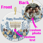 Custom photo & text Hanukkah Festival of Lights  Ceramic Ornament<br><div class="desc">Introducing the Personalized Hanukkah Menorah Ornament! This round ceramic ornament is perfect for adding a festive touch to your Hanukkah celebrations. The front features a beautifully illustrated menorah with lit candles, surrounded by blue and white foliage, dreidels, and Stars of David. The text “Happy Hanukkah” is prominently displayed at the...</div>