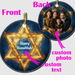 Custom photo & text Happy Hanukkah, Star of David Ceramic Ornament<br><div class="desc">Introducing the Customizable Hanukkah Star Ornament! This elegant round ceramic ornament features a stunning Star of David in a radiant golden hue against a deep blue background, reminiscent of a starry night sky. The front displays the text “Happy Hanukkah, ” which can be personalized to your liking, making it a...</div>