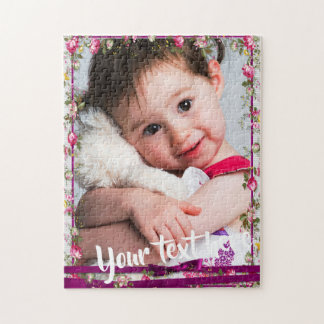 Custom Photo Text Purple Ribbon Floral Frame Jigsaw Puzzle
