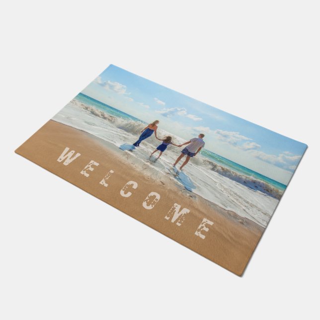 Custom Photo Text Welcome Doormat with Your Family (Angled)