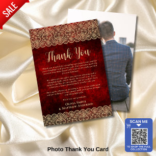 Custom Photo Thank You Red Gold Rustic Lace Card