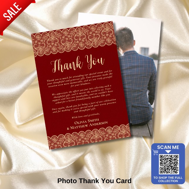 Custom Photo Thank You Rustic Red Gold Lace Card (Creator Uploaded)