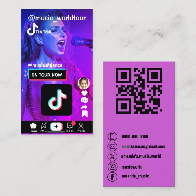 Custom photo tiktok social media icons and QR code Business Card (Front/Back)