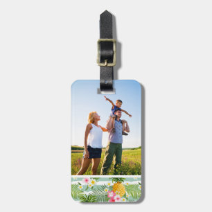 Custom Photo Tropical Flowers & Pineapple Stripes Luggage Tag