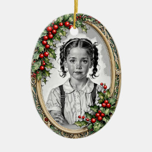 Custom photo two-sided holly framed Christmas Ceramic Ornament