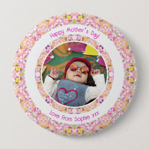 Custom Photo Vibrant Pink Happy Green Mother’s Day 4 Inch Round Button