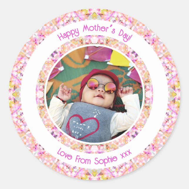 Custom Photo Vibrant Pink Happy Green Mother’s Day Classic Round Sticker (Front)