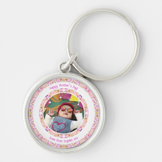 Custom Photo Vibrant Pink Happy Green Mother’s Day Keychain (Front)