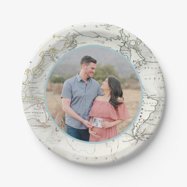 Custom Photo Vintage Travel Baby Shower Plates (Front)