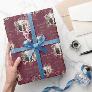 Custom Photo Watercolor Floral Bride & Groom  Wrapping Paper