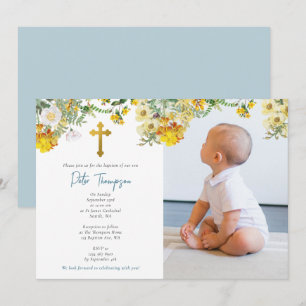 Custom Photo Watercolor Rose Garden Boy Baptism Invitation