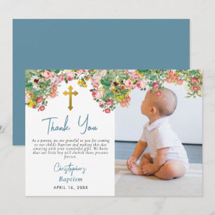 Custom Photo Watercolor Rose Garden Boy Baptism Thank You Card
