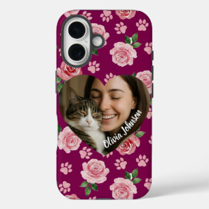 Custom Photo Watercolor Roses and Paw Prints  iPhone 16 Case
