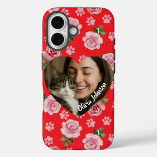 Custom Photo Watercolor Roses and Paw Prints iPhone 16 Case