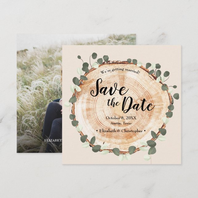 Custom Photo website wood grain eucalyptus Wedding Save The Date (Front/Back)