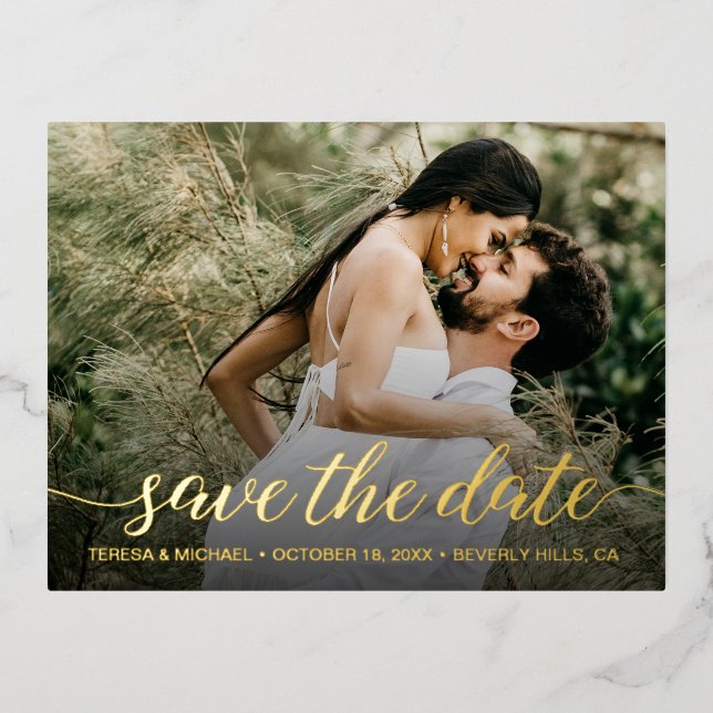 Custom Photo Wedding WEBSITE save the date gold Foil Invitation Postcard (Front)