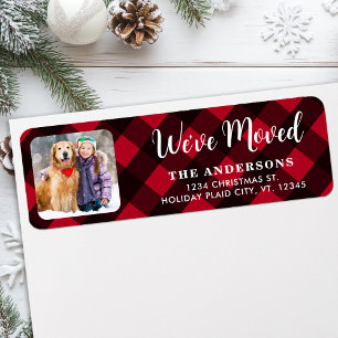 Custom Photo We've Moved Red Plaid Return Address 