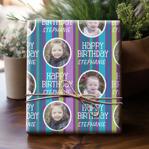 Custom Photo Whimsical & Colourful Birthday Stripe Wrapping Paper