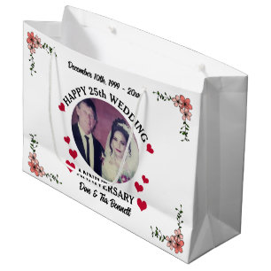 Custom Photo White Floral 25th Wedding Anniversary Large Gift Bag