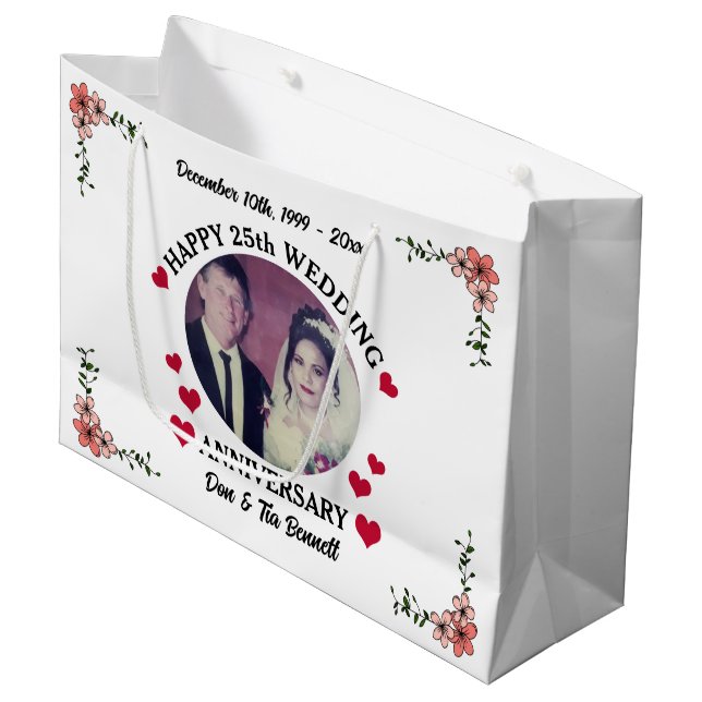 Custom Photo White Floral 25th Wedding Anniversary Large Gift Bag (Front Angled)