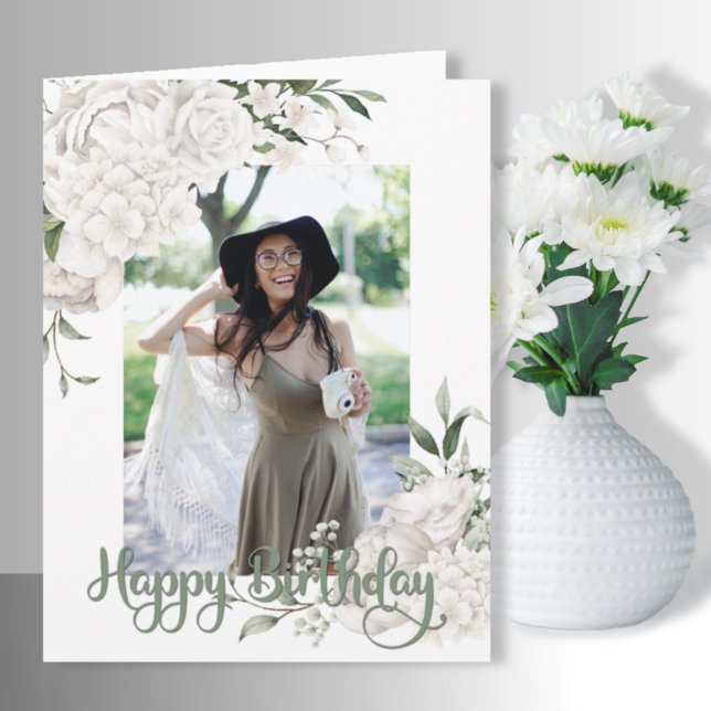 Custom Photo White Floral Birthday Greeting Card (Creator Uploaded)