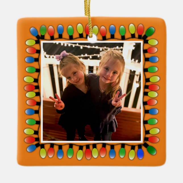 Custom Photo with back text Party Lights  Orange Ceramic Ornament (Front)