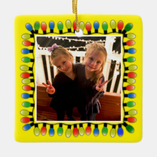 Custom Photo with back text Party Lights Yellow Ceramic Ornament