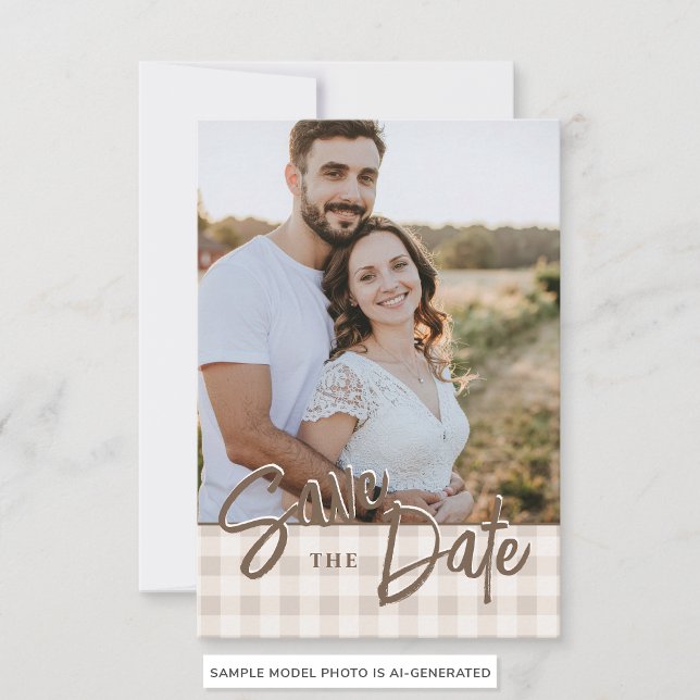 Custom Photo With Beige Gingham Save The Date (Creator Uploaded)