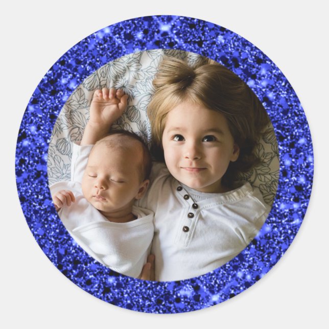 Custom Photo with Blue Glitter Frame Classic Round Sticker (Front)
