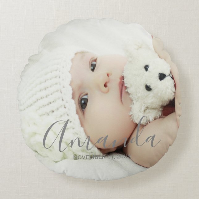 Custom Photo with Custom Name and Text Round Pillow (Front)
