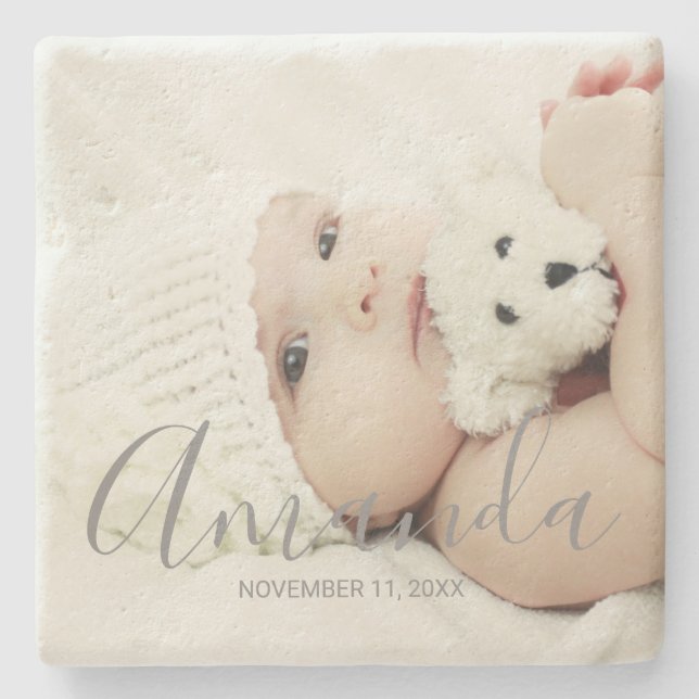 Custom Photo with Custom Name and Text Stone Coaster (Front)