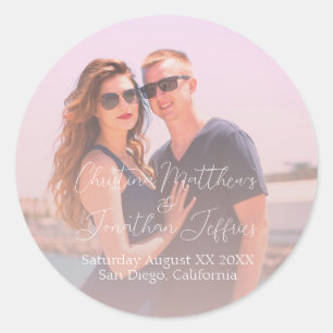 Custom Photo with Dusty Pink Wedding Classic Round Sticker