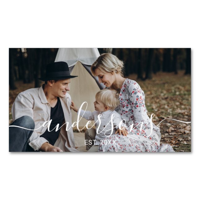 Custom photo with family name and established year 	Magnetic business card (Front)