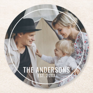 Custom photo with family name and established year round paper coaster