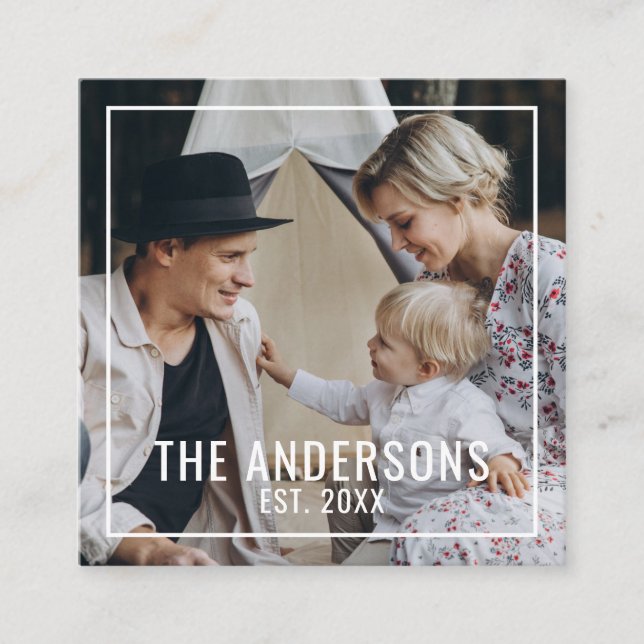 Custom photo with family name and established year square business card (Front)